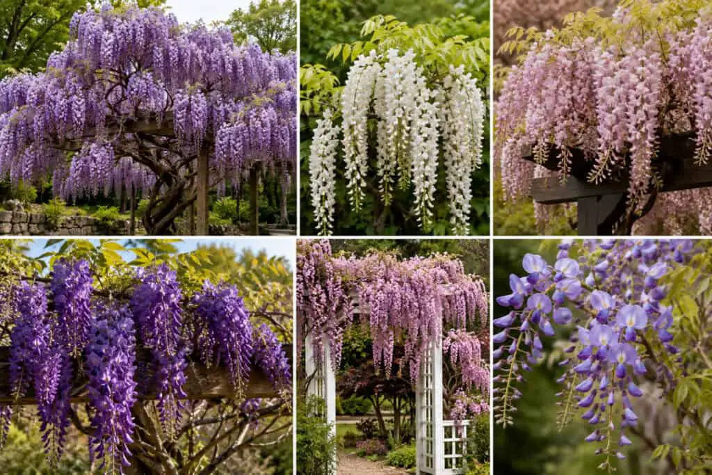 Different types of wisteria with purple, white, pink, and lavender flowers growing on garden structures.
