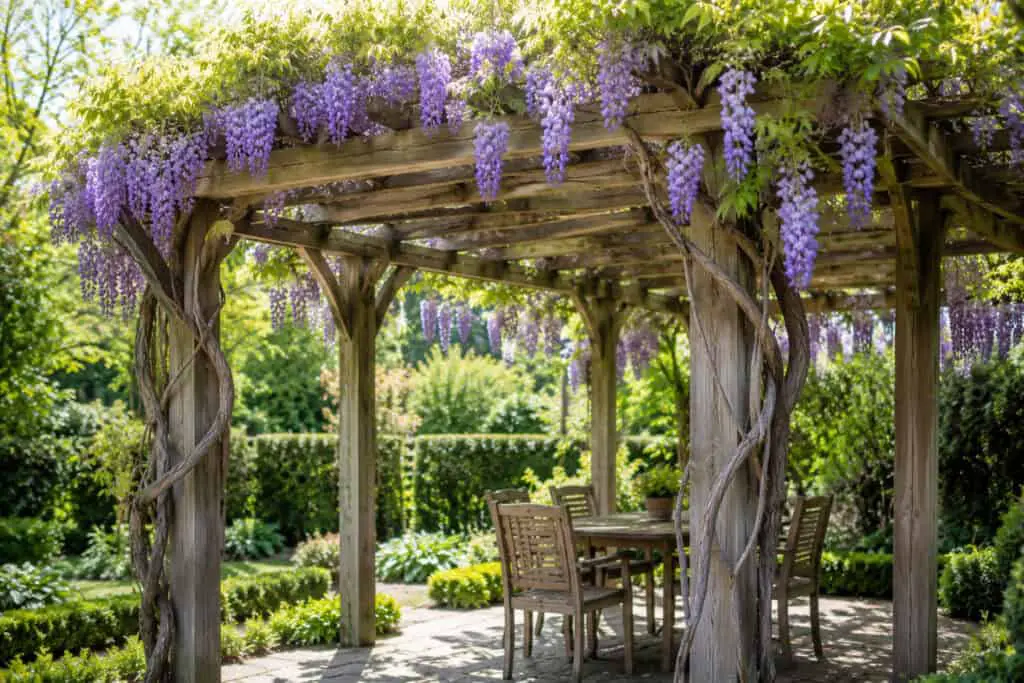 Wooden pergola draped in cascading purple wisteria blossoms, with a wooden dining table and chairs set on a stone patio beneath it, surrounded by a lush green garden.
