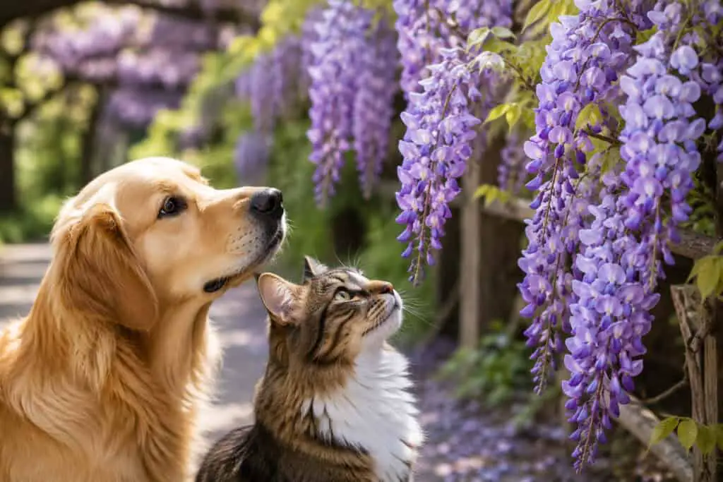 Wisteria-covered garden with a golden retriever and tabby cat looking up at cascading purple flowers.