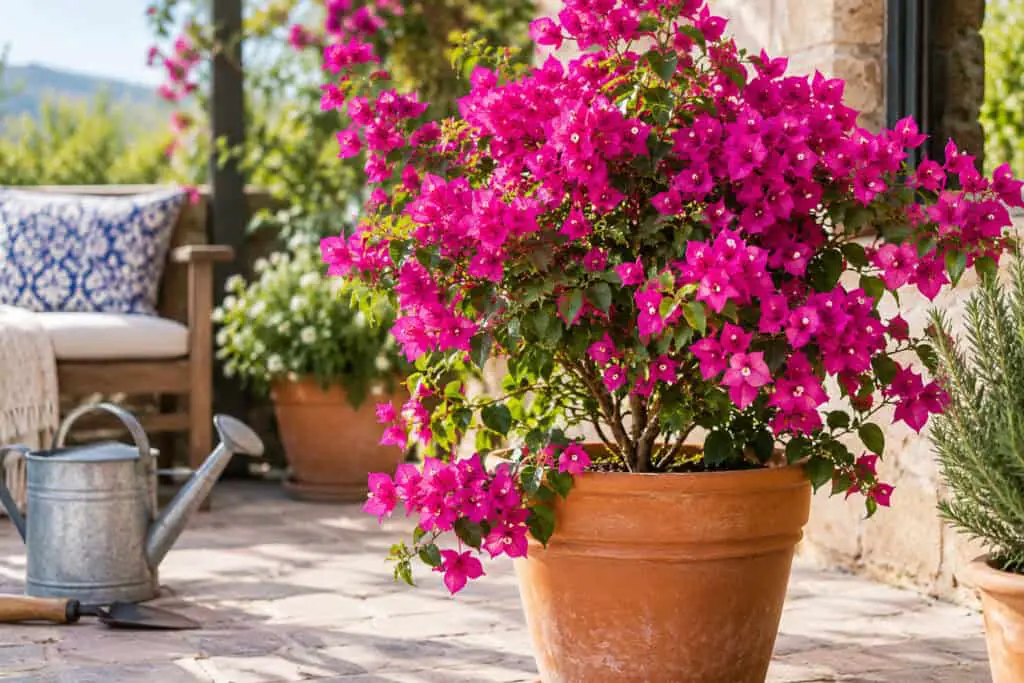 Vibrant pink bougainvillea growing in a terracotta pot on a sunny patio with gardening tools nearby.