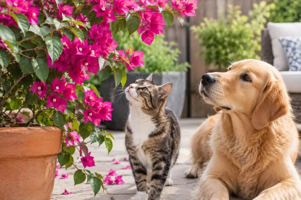 Golden retriever and tabby cat beside a vibrant pink bougainvillea plant in a sunny garden.